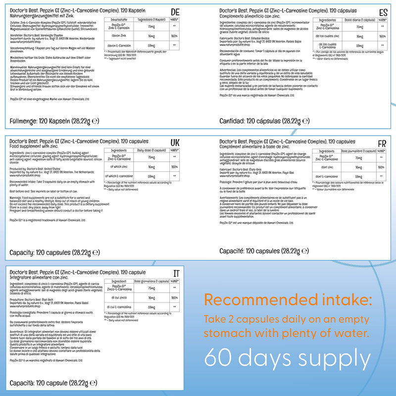 Doctor's Best, PepZinGI, Zinc-L-Carnosine Complex, 120 Vegan Capsules, Lab Tested, Minerals, Gluten Free, SOYA Free, Vegetarian - BeesActive Australia