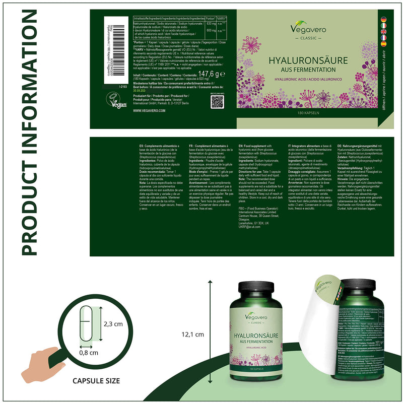Hyaluronic Acid Vegavero® | 600mg with 800-1500 kDa | q80 Vegan Capsules | NO Additives - BeesActive Australia