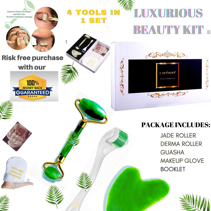 LAVÔNNÉ 4-in-1 Authentic Jade Roller and Gua Sha Set Jade Roller and Derma Roller Set. Jade Roller and Guasha Gift Set. - BeesActive Australia