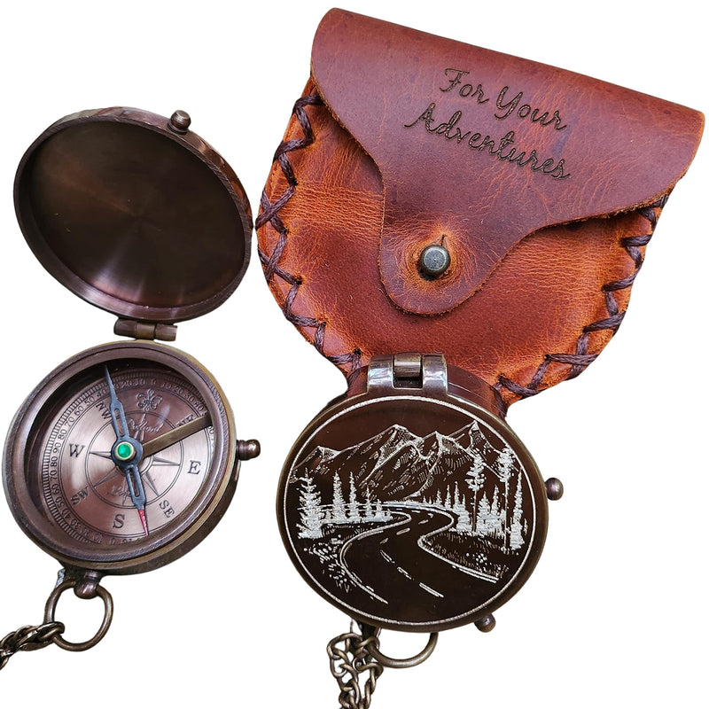 Mountain and Road Engraved Working Handmade Antiqued Brass Compass Gift for Men with ''for Your Adventures'' Stamped Leather Case - BeesActive Australia