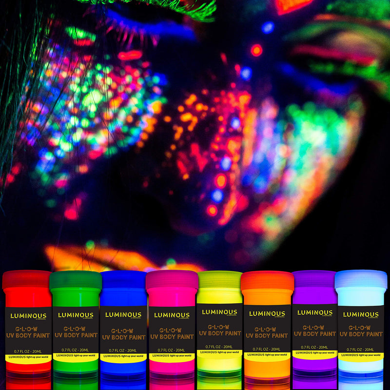 LUMINOUS UV Body Paint - Set of 8 x 20 ml / 0.7 fl oz  pots- Black Light Neon Make-Up - Bodypainting Neon Blacklight Bodypaint Face Paints - BeesActive Australia