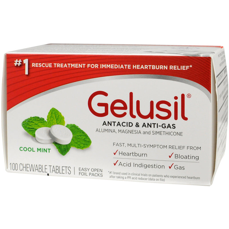 Gelusil Antacid & Anti Gas Tablets for Heartburn Relief, Acid Reflux, Bloating and Gas, Cool Mint - 100ct Blister Pack, 2 Count - BeesActive Australia