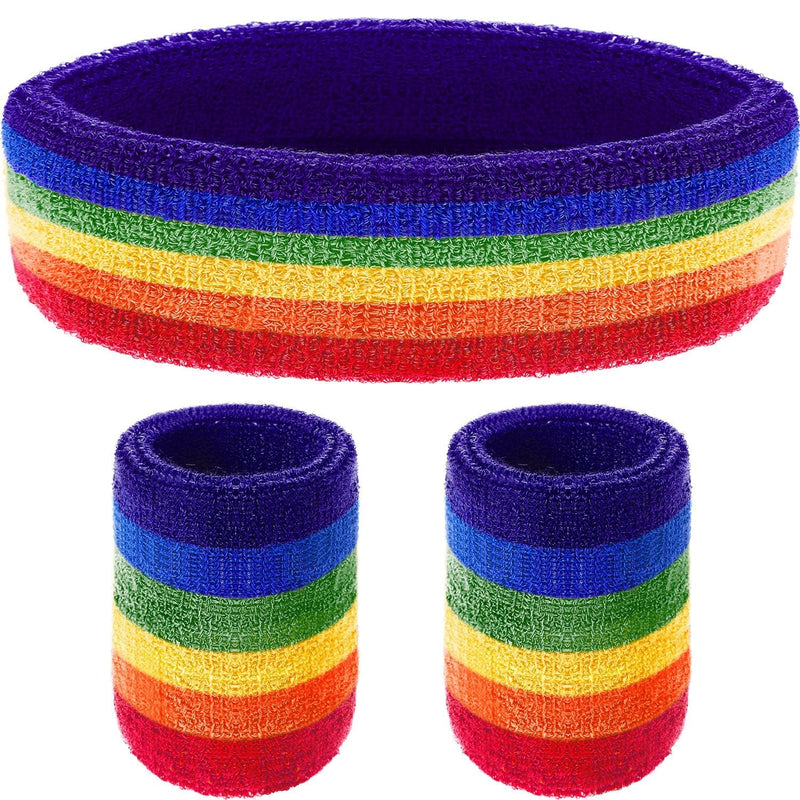 WILLBOND 3 Pieces Sweatbands Set, Includes Sports Headband and Wrist Sweatbands Striped Sweat Band for Athletic Men and Women (Rainbow) - BeesActive Australia