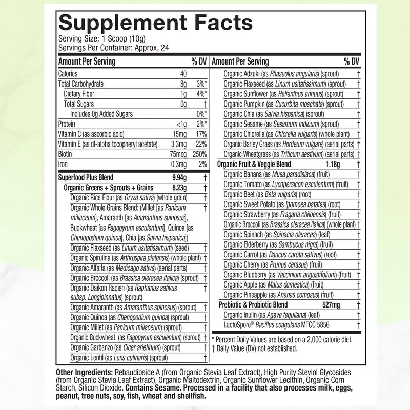 Greens Powder Smoothie Mix | Purely Inspired Organic Greens Powder Superfood, Unflavored, 24 Servings (Package May Vary), 8.57 Ounce (Pack of 1) - BeesActive Australia