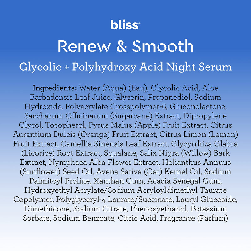 Bliss Renew & Smooth - Glycolic + Polyhydroxy Acid Night Serum - 1 Fl Oz - Gently Exfoliate Skin - Hydrating - Clean - Vegan & Cruelty-Free - BeesActive Australia