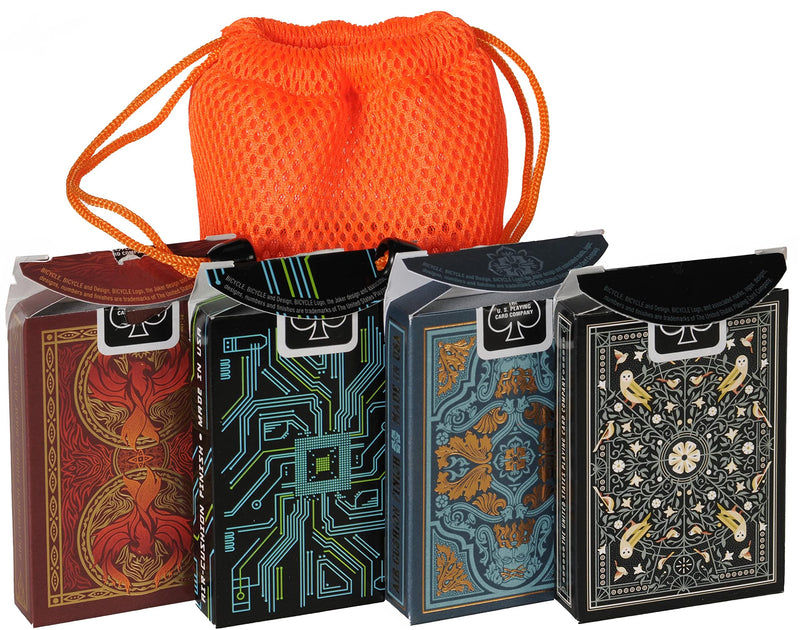 Playing Card Custom Bundle - Bicycle Fyrebird, Aviary, Dark Mode & Sea King with Orange Mesh Storage Pouch - BeesActive Australia
