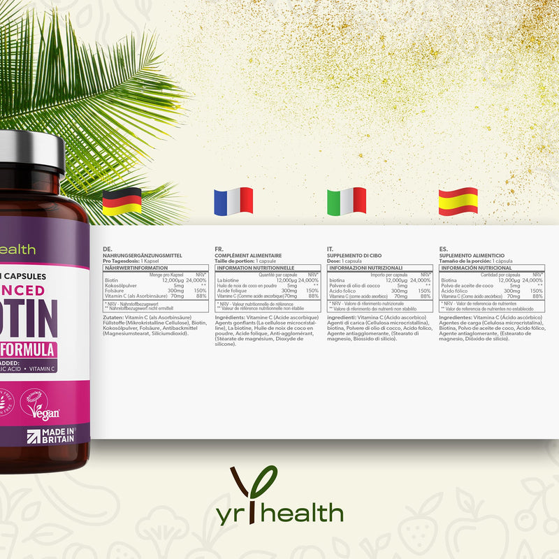 Biotin Hair Growth Supplement 12,000mcg, 180 Vegan Capsules not Biotin Tablets for Hair Skin and Nails with Coconut Oil, Vitamin C & Folic Acid, Vitamin B7 for Men and Women - Made in UK by YrHealth - BeesActive Australia