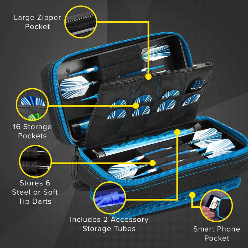 Casemaster Plazma Pro, 6 Dart Case for Soft and Steel Tip Darts, Features Large Front Mobile Device Pocket, Built-In Storage Tubes and Pockets for Flights, Tips, Shafts, and Personal Items Blue Trim - BeesActive Australia