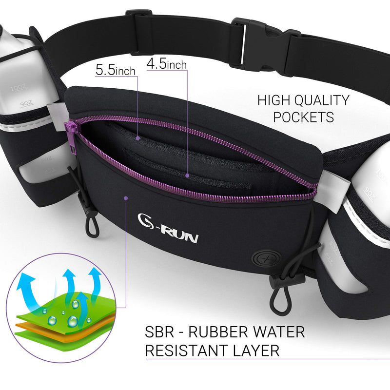 Hydration Running Belt with Bottles - Water Belts for Woman and Men - iPhone Belt for Any Phone Size - Fuel Marathon Waist Pouch for Runners - Jogging Cycling Biking Purple 34-50 inches - Large - BeesActive Australia