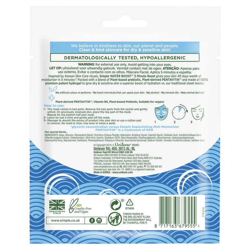 Simple Face Mask, Water Boost, 5-Minute Reset Hydrogel Korean Face Mask, Sheet Mask (Pack of 4) color_424 - BeesActive Australia