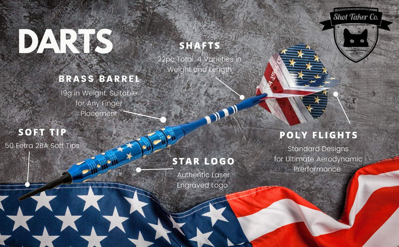 SHOT TAKER CO. EST. 2017 Soft Tip Darts Set - Professional Darts for Electronic Dartboard - Includes Brass Barrels + Plastic & Aluminum Shafts + Rubber O'Rings + Flights + 50PC 2BA Tips + Wrench 19g-USA-STC10421 - BeesActive Australia