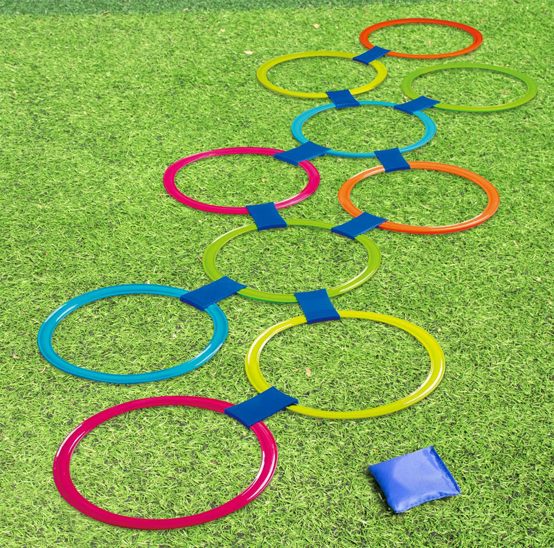 GOODLYSPORTS 2-in-1 Hopscotch & Bean Bag Toss Combine Hop Scotch Ring Game (20Pc) with Bean Bag Toss Game (6Pc)- Educational and Learning Activities for Kids. - BeesActive Australia