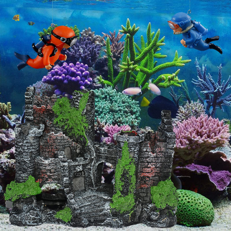 Set Including Castle,Submarine,Sunken Ship,Conch & Mushroom House and 2 Diver Floating Figure for Saltwater Fish Tank Aquarium Resin Ornament Decoration Castle+2Diver - BeesActive Australia