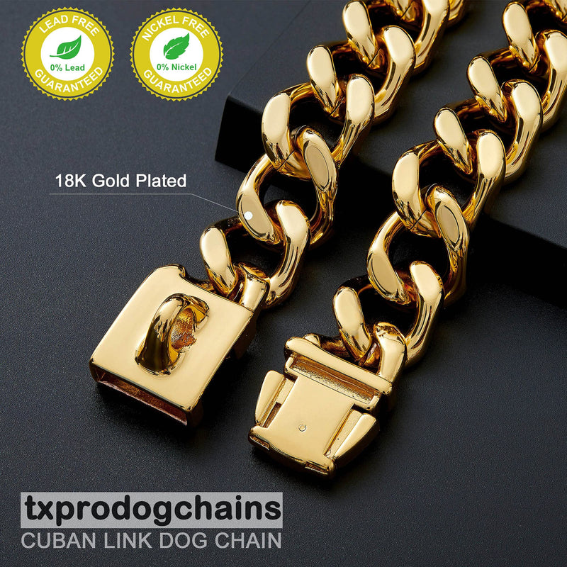 txprodogchains Big Dog Chain Collar with Buckle Strong Heavy Duty 21MM Thick Wide Stainless Steel Metal 18K Gold Cuban Link Chain Collar for Large Dogs 26" ( Fits Neck 24" to 25.5") - BeesActive Australia