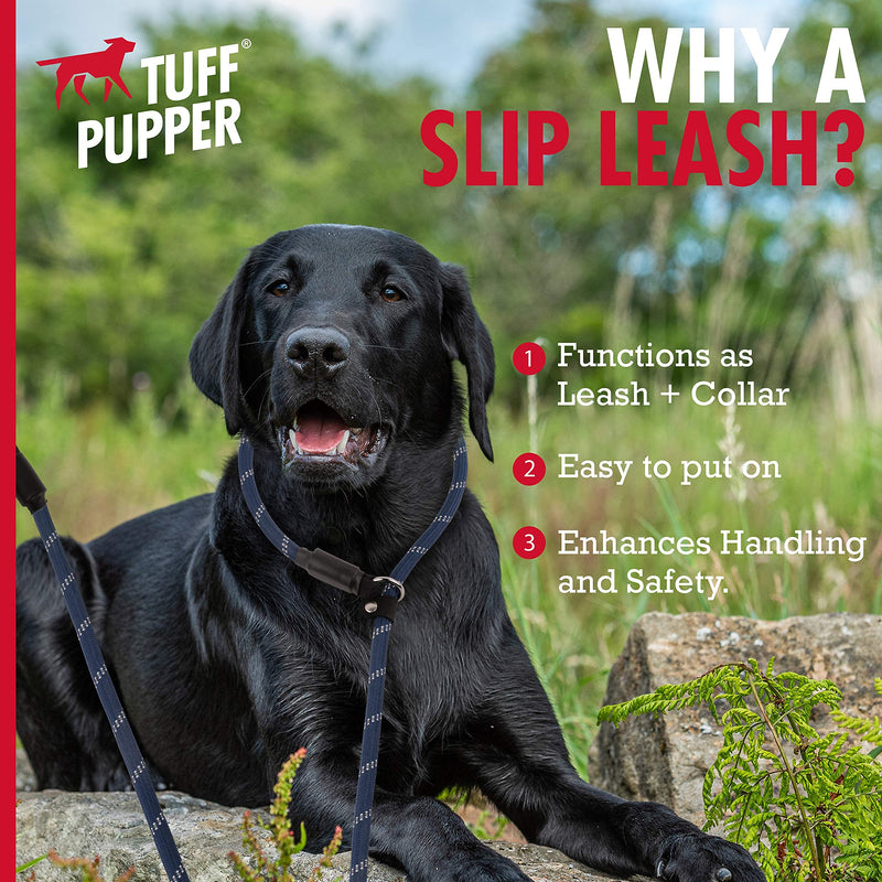 Tuff Pupper Heavy Duty Rope Slip Knot Dog Leash | Slip On Cinch Training Leash | Reflective Leash for Safe Night Walks | 6 Foot Dog Leash w/Leather Slip Preventer | Cinch Collar for Medium Large Dogs 6 Foot Long Midnight Blue - BeesActive Australia