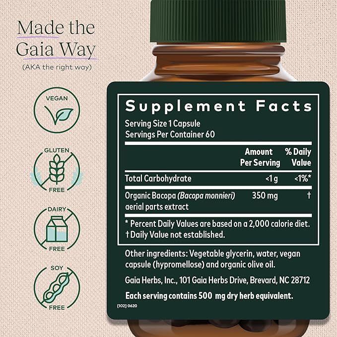 Gaia Herbs, Bacopa, 60 Vegan Liquid Phyto-Caps - BeesActive Australia