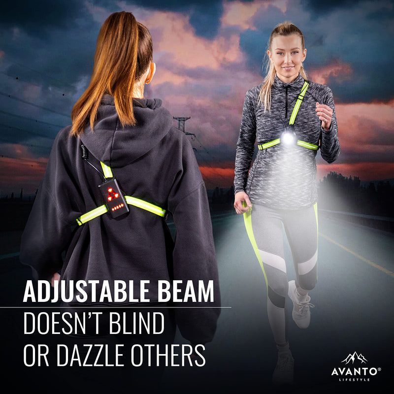 AVANTO Triple Beam Chest Light, Original, 500 Lumen Outdoors LED Night Running Lights for Runners and Joggers, Dog Walkers, Long 5-7h Usetime, Strong USB Rechargeable 2200mAh Battery, Reflective Vest Yellow - BeesActive Australia