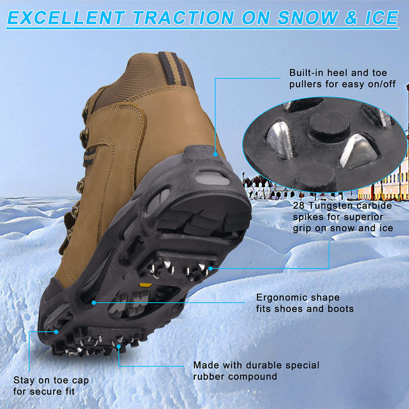 Ice Cleats for Shoes and Boots Snow Traction Cleats Crampons for Walking on Snow and Ice Anti Slip 28 Spikes Overshoe Rubber Stretch Footwear for Men Women Kids Without Strap X-Large(10.5-13 men/11.5-14 women) - BeesActive Australia