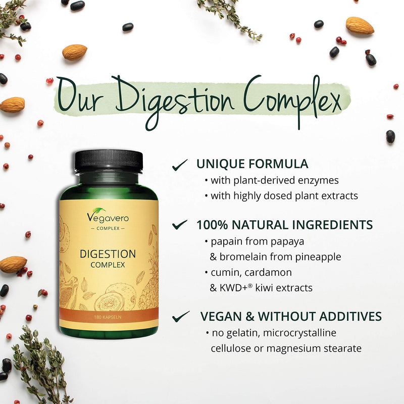 Digestive Enzyme Vegavero® | 100% Natural | Papain, Bromelain & KWD+® and Plant Extracts | Without Additives | 180 Vegan Capsules - BeesActive Australia