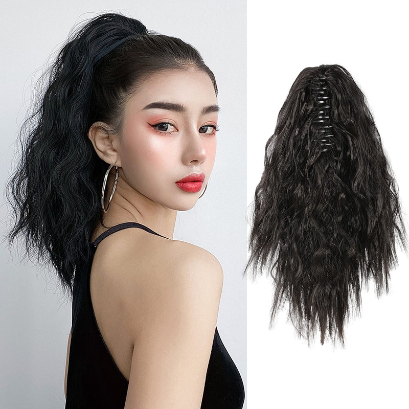 MEIRIYFA Short Black Ponytail Extension Curly Wavy Ponytail Extension Clip In On Ponytail Synthetic Hair Piece Heat Resistant for Daily Use 40 cm - BeesActive Australia