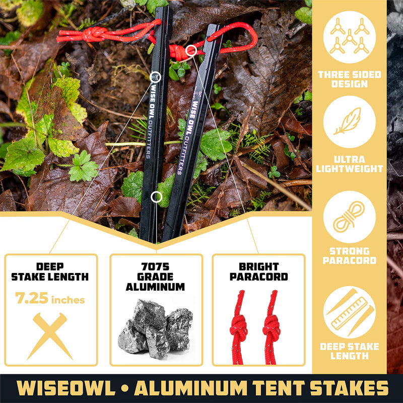 Wise Owl Outfitters Tent Stakes 7075 Heavy Duty Aluminum Metal Ground Pegs - 16 Pack to Stake Down A Tarp and Tents - Best Easy Lightweight Strong Outdoor Camping Spikes - BeesActive Australia