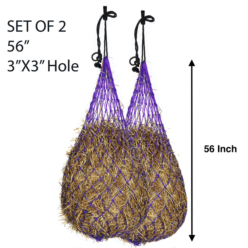 Majestic Ally 2 pcs Slow Feed 56” Hay Net for Horses, Strong Soft Mess 3x3” Holes, Nylon Rope Hanging, Adjustable Travel Feeder for Trailer and Stall, Simulates Grazing, Reduces Waste Purple - BeesActive Australia