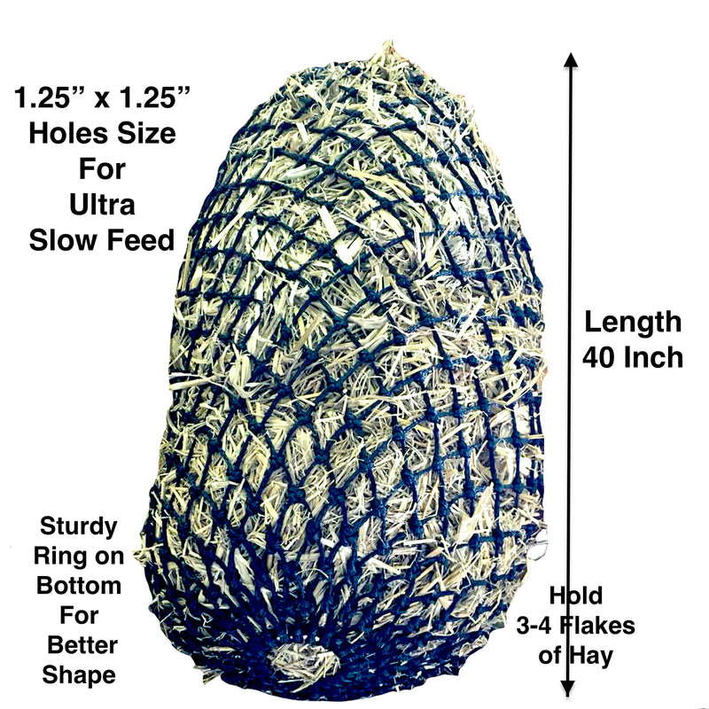 Majestic Ally 1.25”x1.25” Holes Ultra Slow Feed 40” Very Sturdy Hay Net with Bottom Ring for Horses, Nylon Rope Hanging, Adjustable Travel Feeder for Trailer and Stall, Reduces Waste Black - BeesActive Australia