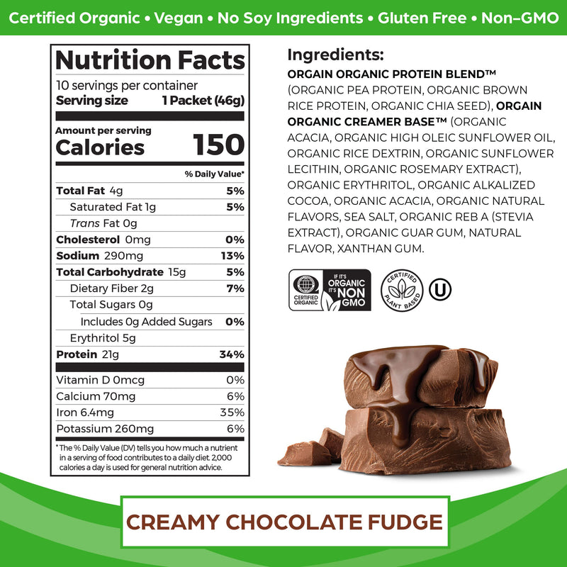 Orgain Organic Vegan Protein Powder Travel Pack, Creamy Chocolate Fudge - 21g of Plant Based Protein, 6g of Fiber, No Dairy, Gluten, Soy or Added Sugar, Non-GMO, 10 Count 10 Count Travel Pack Chocolate - BeesActive Australia