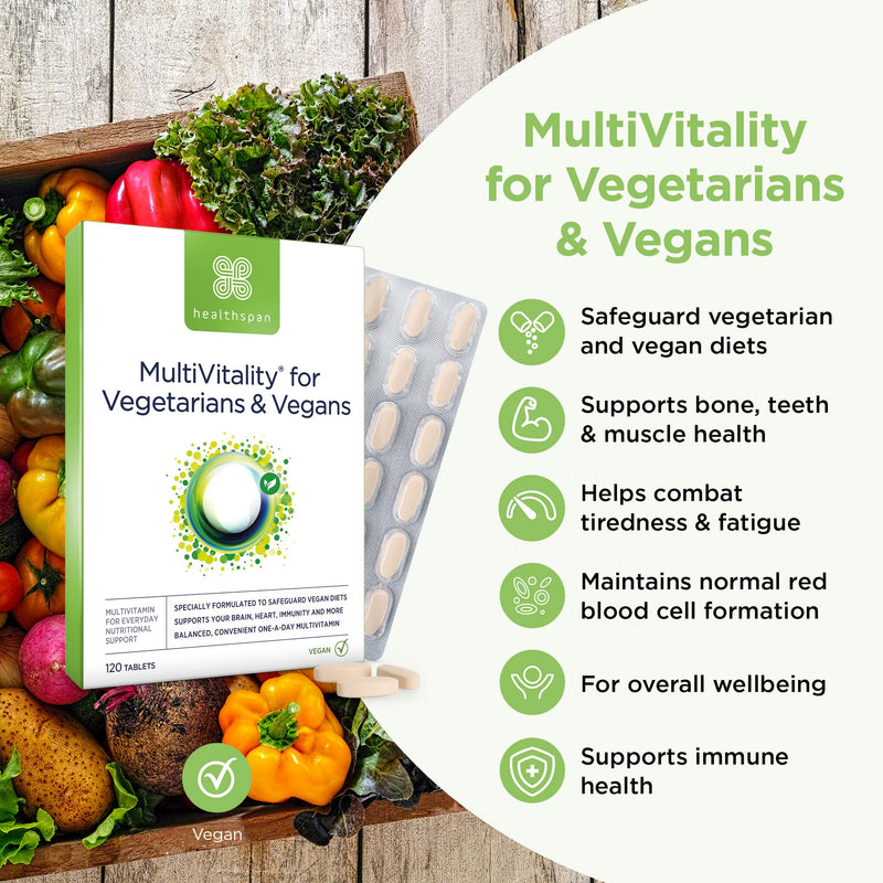 Healthspan Multivitamin for Vegetarians & Vegans (120 Tablets) | Promotes Immune Health and Energy Levels | Supports Bones, Teeth & Muscles | Includes Vitamins B12 & D, Calcium, Iron & Zinc | Vegan - BeesActive Australia