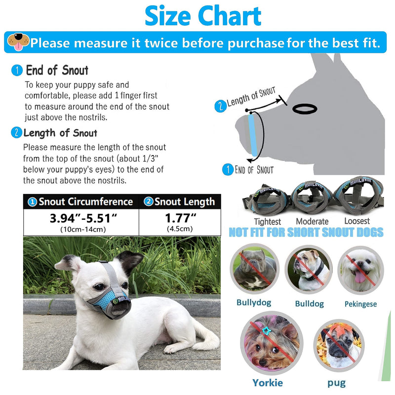 MoiiLavin Extra Small Dog Muzzle XS for Grooming Barking Chewing, Barkless Soft Mesh Muzzles to Prevent Eating Poop Things,Best for Aggressive Dogs (Grey-Blue) - BeesActive Australia
