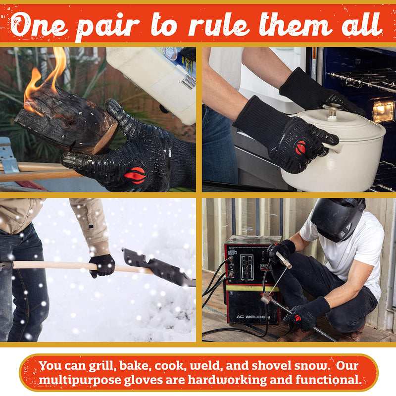 GRILL HEAT AID BBQ Gloves Heat Resistant 1,472℉ Extreme. Dexterity in Kitchen to Handle Cooking Hot Food in Oven, Cast Iron, Pizza, Baking, Barbecue, Smoker & Camping. Fireproof Use for Men & Women One Size Full Black - BeesActive Australia
