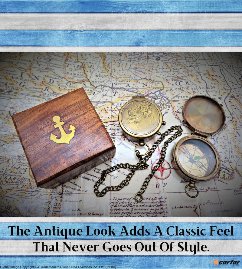 Carfar Nautical Compass Not All Those Who Wander are Lost Engraved Solid Brass Navigational Vintage Marine Compass with Wooden Box - BeesActive Australia