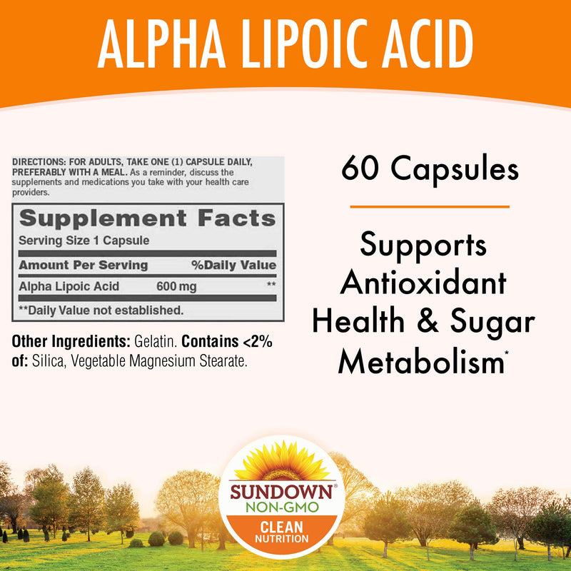 Sundown Super Alpha Lipoic Acid 600 mg, 60 Capsules (Packaging May Vary) Non-GMOˆ, Free of Gluten, Dairy, Artificial Flavors - BeesActive Australia