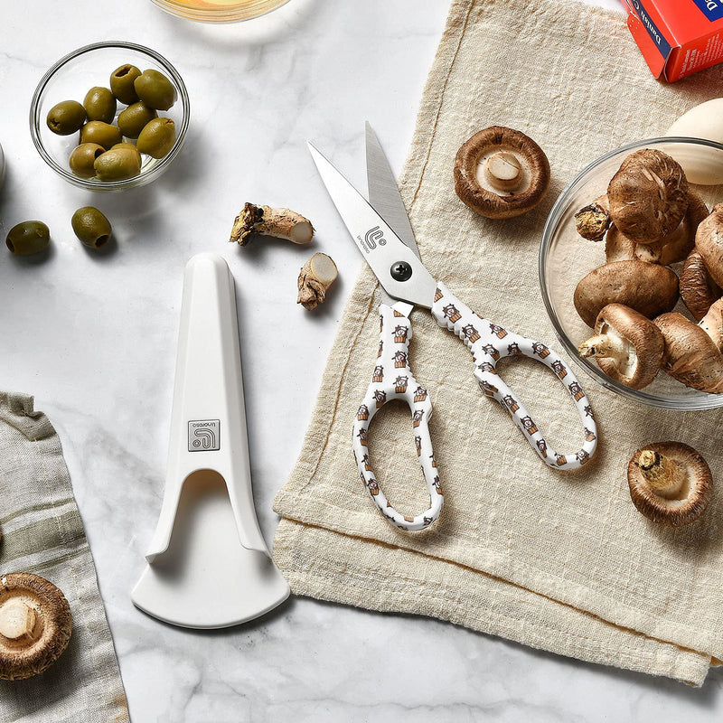 Linoroso Kitchen Scissors Heavy Duty Kitchen Shears with Magnetic Holder Made with Japanese Steel 4034, Multipurpose Ultra Sharp Cooking Scissors for Meat/Vegetables/BBQ/Herbs/Pizza (Graphic,Cow) White/Cow - BeesActive Australia