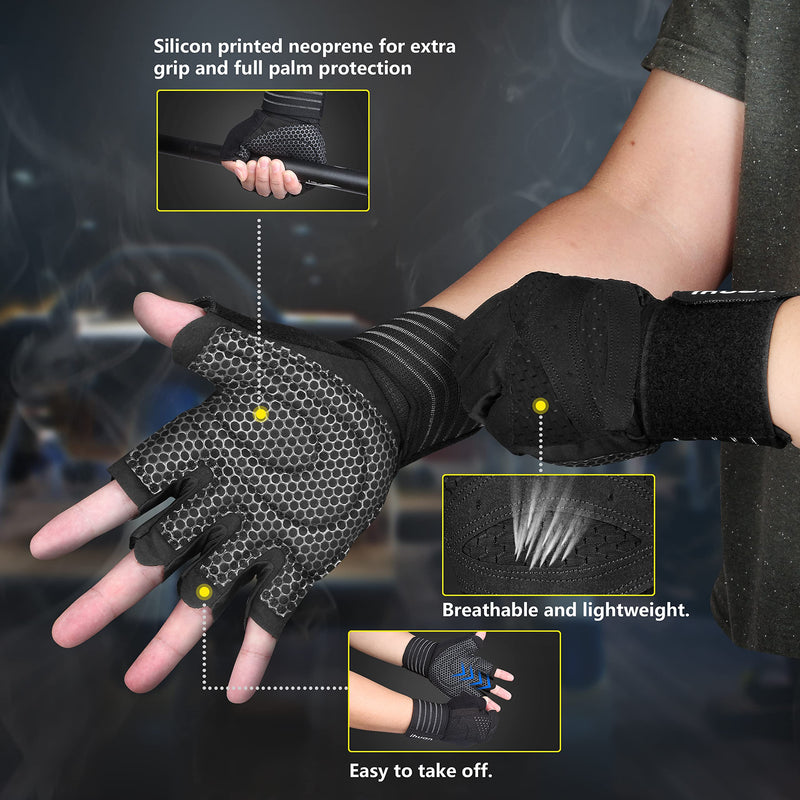 ihuan Ventilated Weight Lifting Gym Workout Gloves with Wrist Wrap Support for Men & Women, Full Palm Protection, for Weightlifting, Training, Fitness, Hanging, Pull ups Black Large - BeesActive Australia