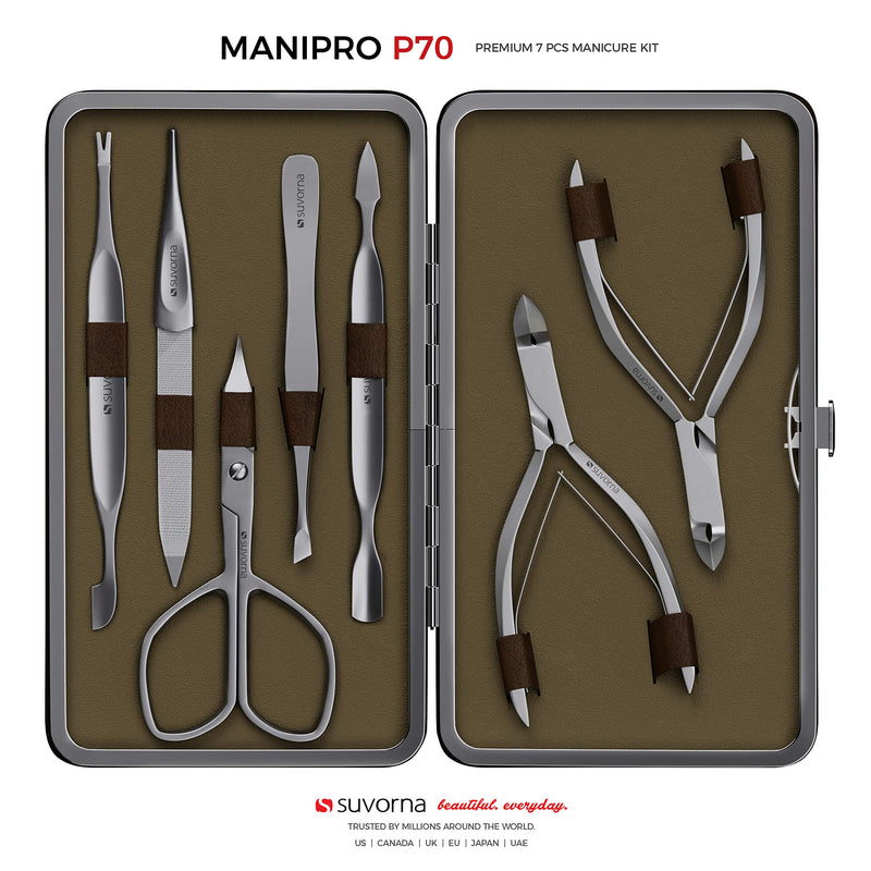 Suvorna manipro p70-7 Pcs Premium Manicure Set, (Nail & Cuticle Nippers, Nail Scissors, Pushers, Nail Filer, Tweezer). Professional Gift set. Comes in compact traveler case with. Brown - BeesActive Australia