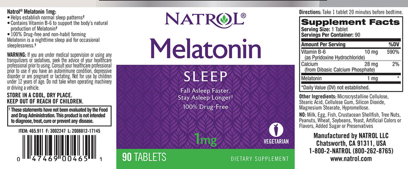 Natrol Melatonin Tablets, Helps You Fall Asleep Faster, Stay Asleep Longer, Strengthen Immune System, 1mg, 90 Count - BeesActive Australia