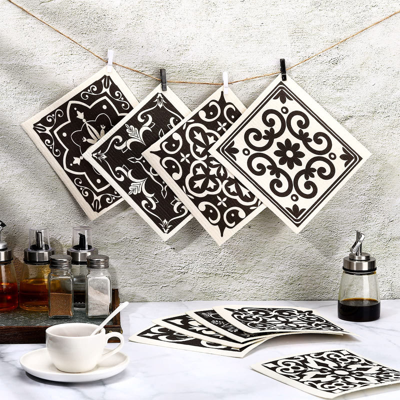 9 Pieces Black Print Swedish Kitchen Dishcloths Reusable Absorbent Hand Towels Sponge Cloth for Baking Cooking Home Kitchen Decoration Housewarming Gift - BeesActive Australia