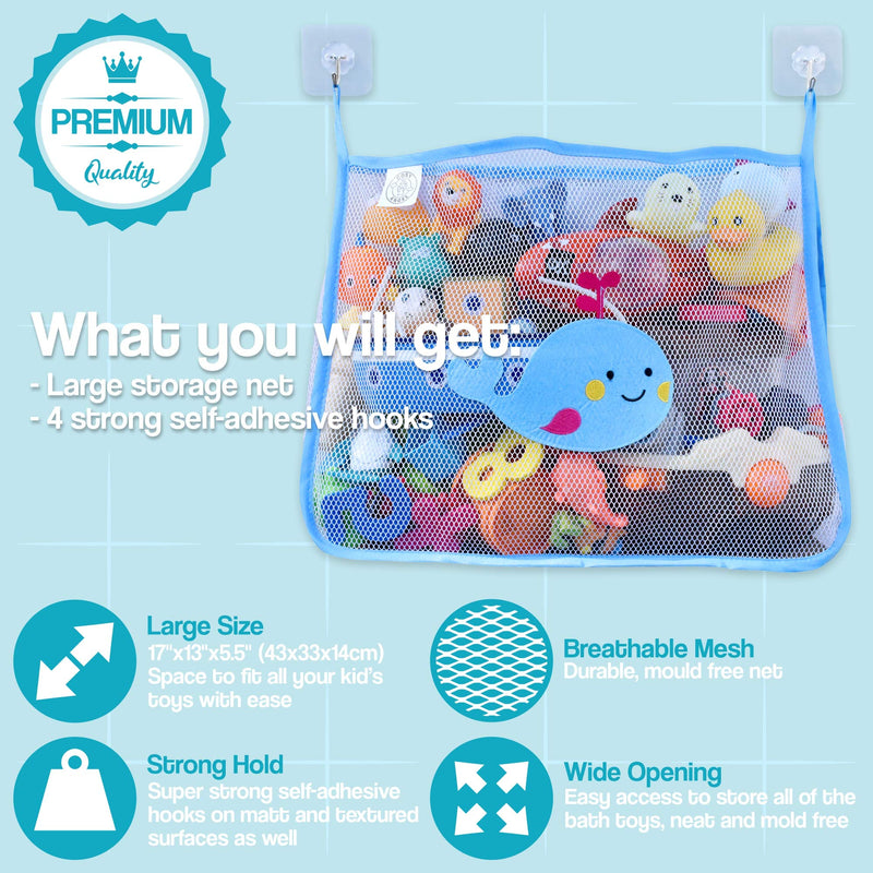 COSY ANGEL Baby Bath Toy Bag for Bath Toys Large Organiser Bathroom Storage Net with 4 Waterproof Self Adhesive Hooks (Blue) Blue - BeesActive Australia