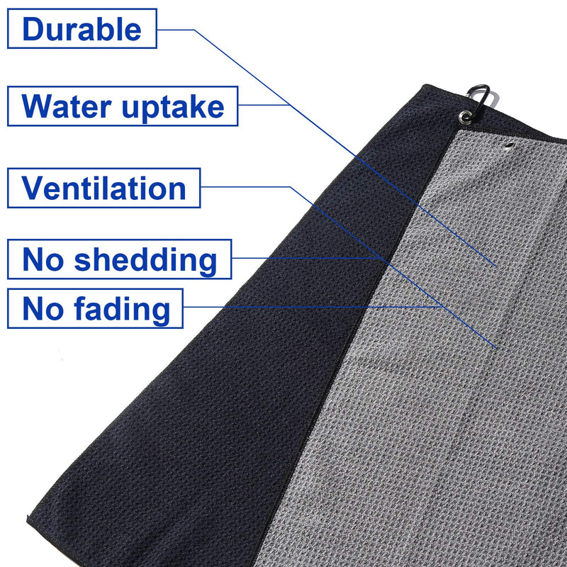 Fpxnb 2 Pack Tri-fold Golf Towel Set, Microfiber Fabric Waffle Pattern Towels, Heavy Duty Carabiner Clip (2 Pcs, 2 Colors) 1: All Black + Grey (Black Edge) - BeesActive Australia