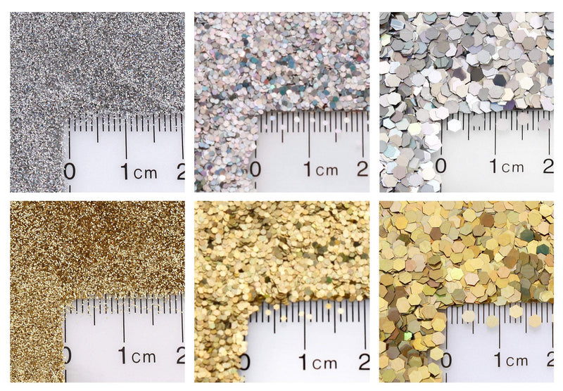 GLITTIES - (6PK) - Holographic Gold & Silver Glitter Kit - Solvent Resistant & Great for Nail Art Polish, Gels, Acrylics Supplies - Quality Glitter Made in the USA! - (60 Grams) 60 Gram Gold & Silver 6PK - BeesActive Australia
