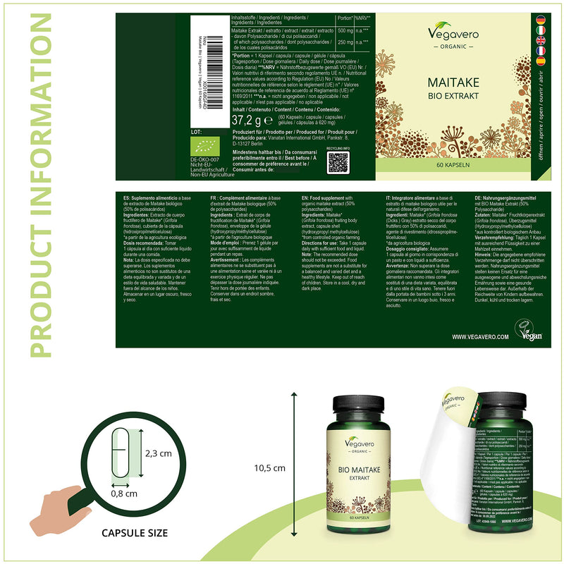 Maitake Vegavero® | 100% Organic | 500mg (15:1) Mushroom Extract | with 50% Polysaccharides | NO Additives | 60 Vegan Capsules - BeesActive Australia