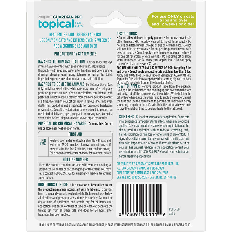 Sergeant's Guardian Pro Flea & Tick Squeeze On Topical Cats 6lbs and Over, 3 Count - BeesActive Australia
