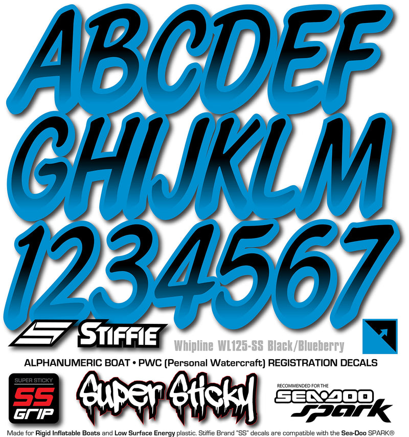 [AUSTRALIA] - STIFFIE Whipline Black/Blueberry Super Sticky 3" Alpha Numeric Registration Identification Numbers Stickers Decals for Sea-Doo Spark, Inflatable Boats, Ribs, Hypalon/PVC, PWC and Boats. 