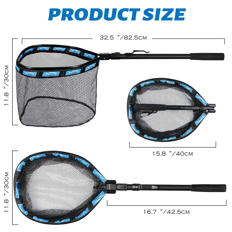 PLUSINNO Floating Fishing Net, Rubber Coated Fish net for Easy Catch and Release, Fishing Nets Freshwater for Bass, Trout, Walleye, Kayak, Folding Landing Net for Easy to Carry and Storage 11.8"/30cm Hoop Size Blue (Fixed Pole) - BeesActive Australia