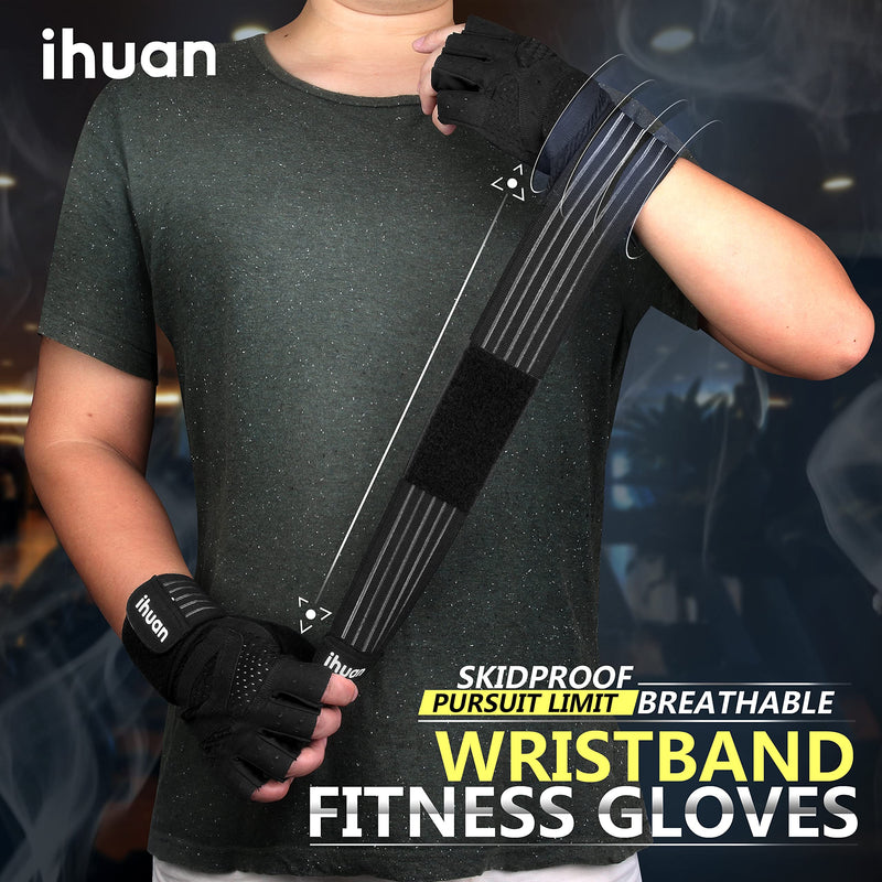 ihuan Ventilated Weight Lifting Gym Workout Gloves with Wrist Wrap Support for Men & Women, Full Palm Protection, for Weightlifting, Training, Fitness, Hanging, Pull ups Black Large - BeesActive Australia