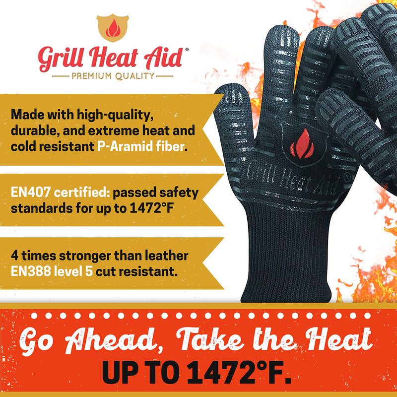 GRILL HEAT AID BBQ Gloves Heat Resistant 1,472℉ Extreme. Dexterity in Kitchen to Handle Cooking Hot Food in Oven, Cast Iron, Pizza, Baking, Barbecue, Smoker & Camping. Fireproof Use for Men & Women One Size Full Black - BeesActive Australia