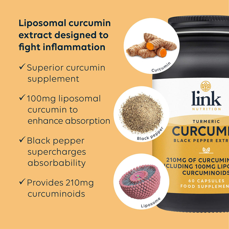 Curcumin, Turmeric & Black Pepper Extract | 210mg curcuminoids per dose Including 100mg liposomal curcuminoids | Vegan | 60 Capsules - BeesActive Australia