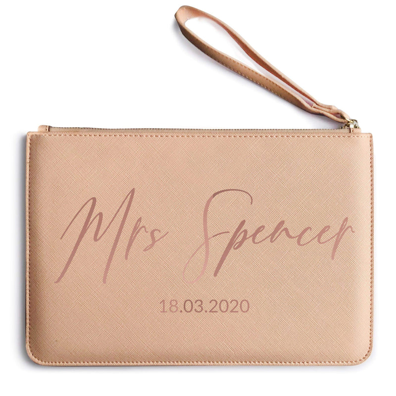 Personalised Mrs Clutch Bag Bride to Be - Wedding Gifts from Husband Custom Date - Make Up Accessories, Soft Grey One Size - BeesActive Australia