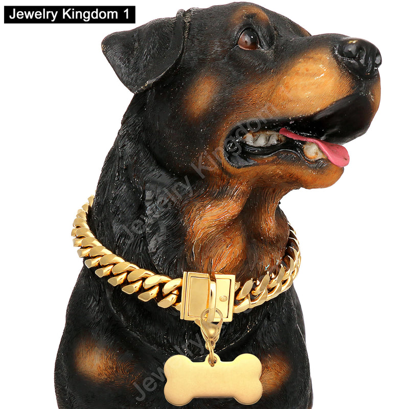 Jewelry Kingdom 1 Gold Dog Chain Collar with Dog ID Tag 18K Metal Stainles Steel Cuban Link Chain Strong Heavy Duty Chew Proof Walking Training Collar 10in to 26in for Small, Medium, Large Dogs 18" (Fits Dog Neck 16" to 17.5") - BeesActive Australia